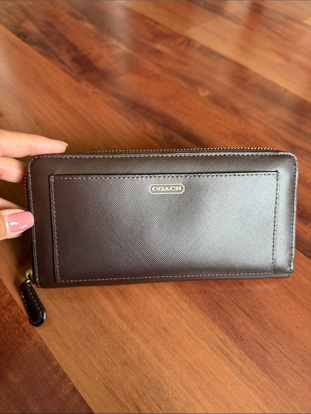 NWOT - Coach Dark Brown Saffiano Zip Wallet with Gold Logo
